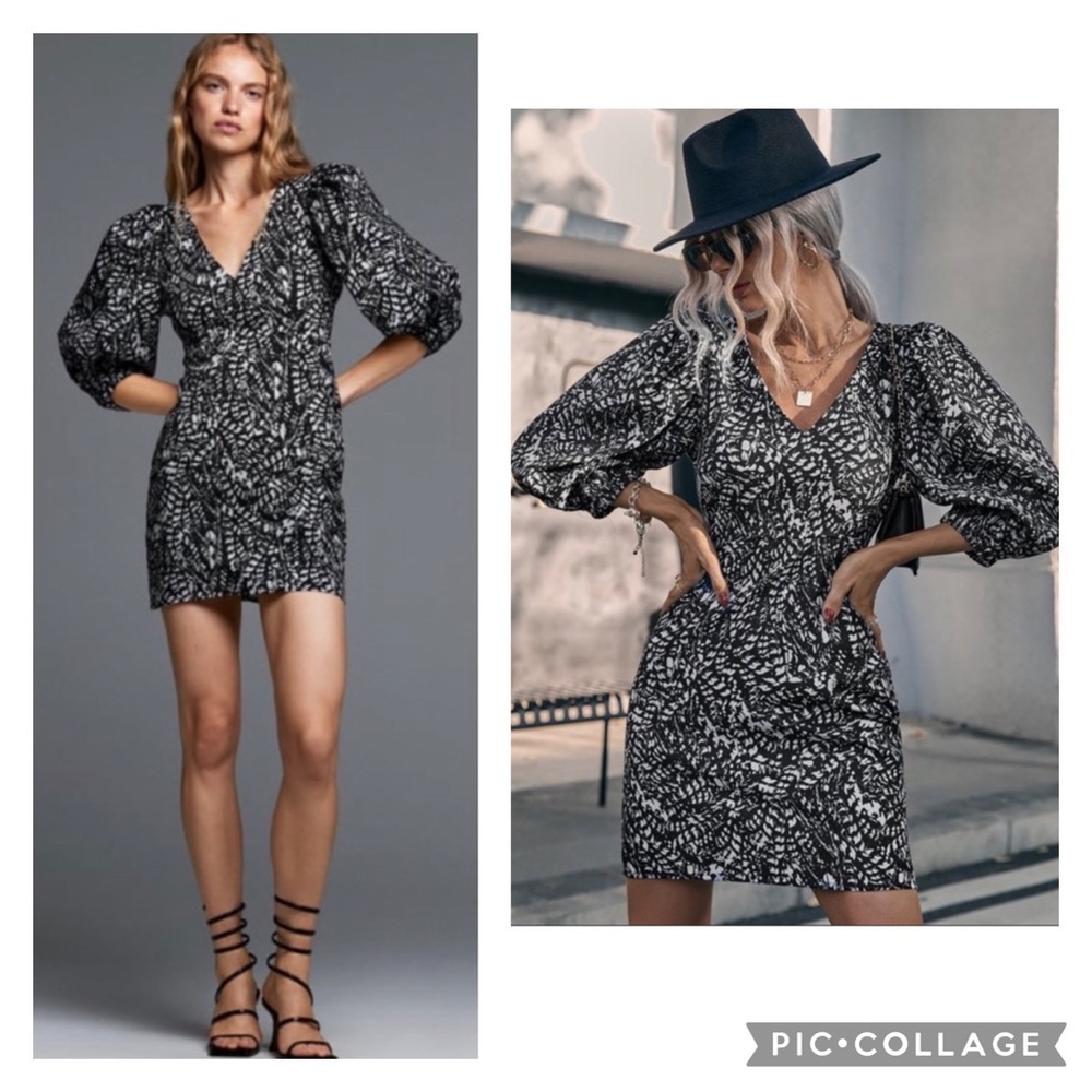 Zara Bloggers Fave “The Kacy” Puff Sleeve Black & Gray Print Mini Dress
